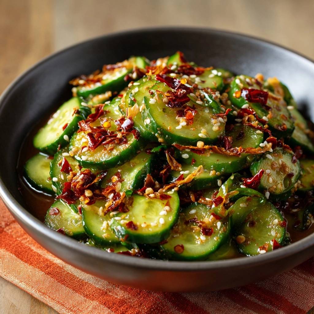 Knackiger Koreanischer Gurken-Salat, garniert mit Chiliflocken und Sesam in einer Schüssel.