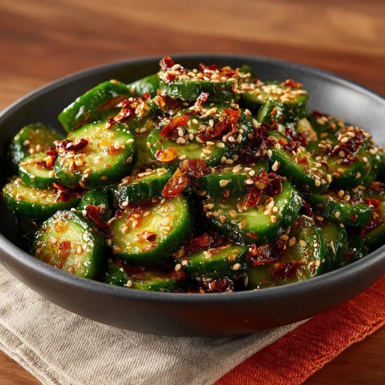 Knackiger koreanischer Gurken-Salat von nah aufgenommen, mit Sesam und Chili garniert, in einer Schüssel serviert.
