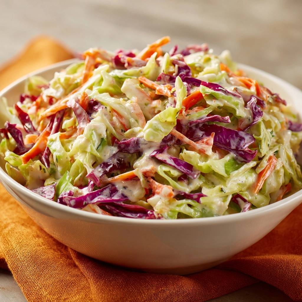 Knackiges Coleslaw Rezept in einer weißen Schüssel mit frischem Rotkohl und Karotten, cremiges Dressing.