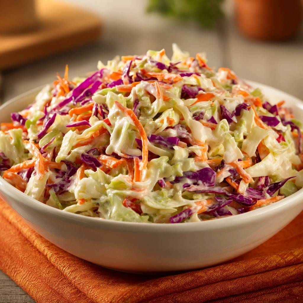 Knackiges Coleslaw Rezept in einer weißen Schüssel, Nahaufnahme der bunten Kraut- und Karottenmischung mit cremiger Soße.