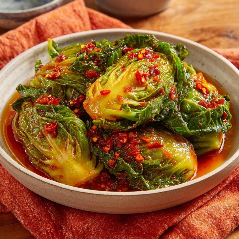 Knackiges Gochujang-Kimchi als Nahaufnahme, appetitlich mit Gochujang-Sauce und Chiliflocken belegt.
