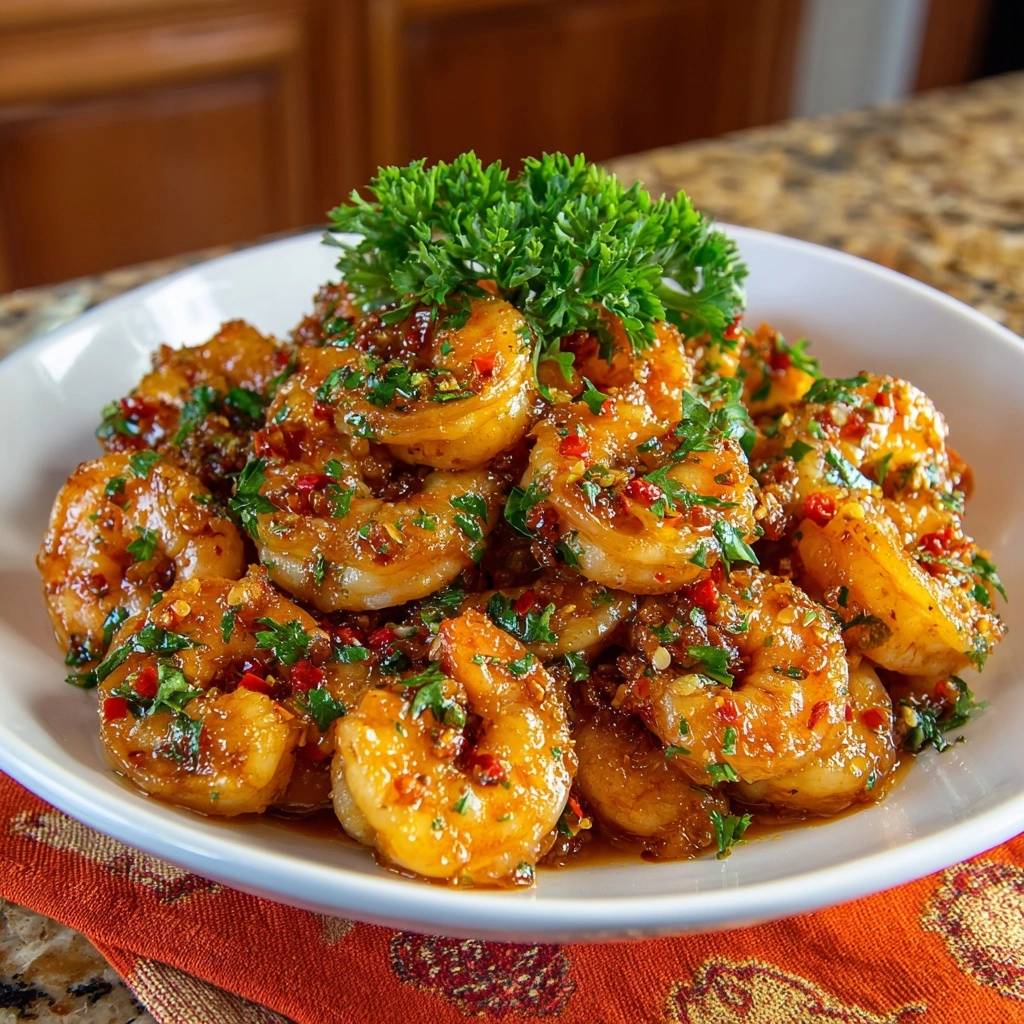 Saftige Knoblauch-Chili-Garnelen, glasiert mit scharfer Sauce und garniert mit frischer Petersilie und Chili.