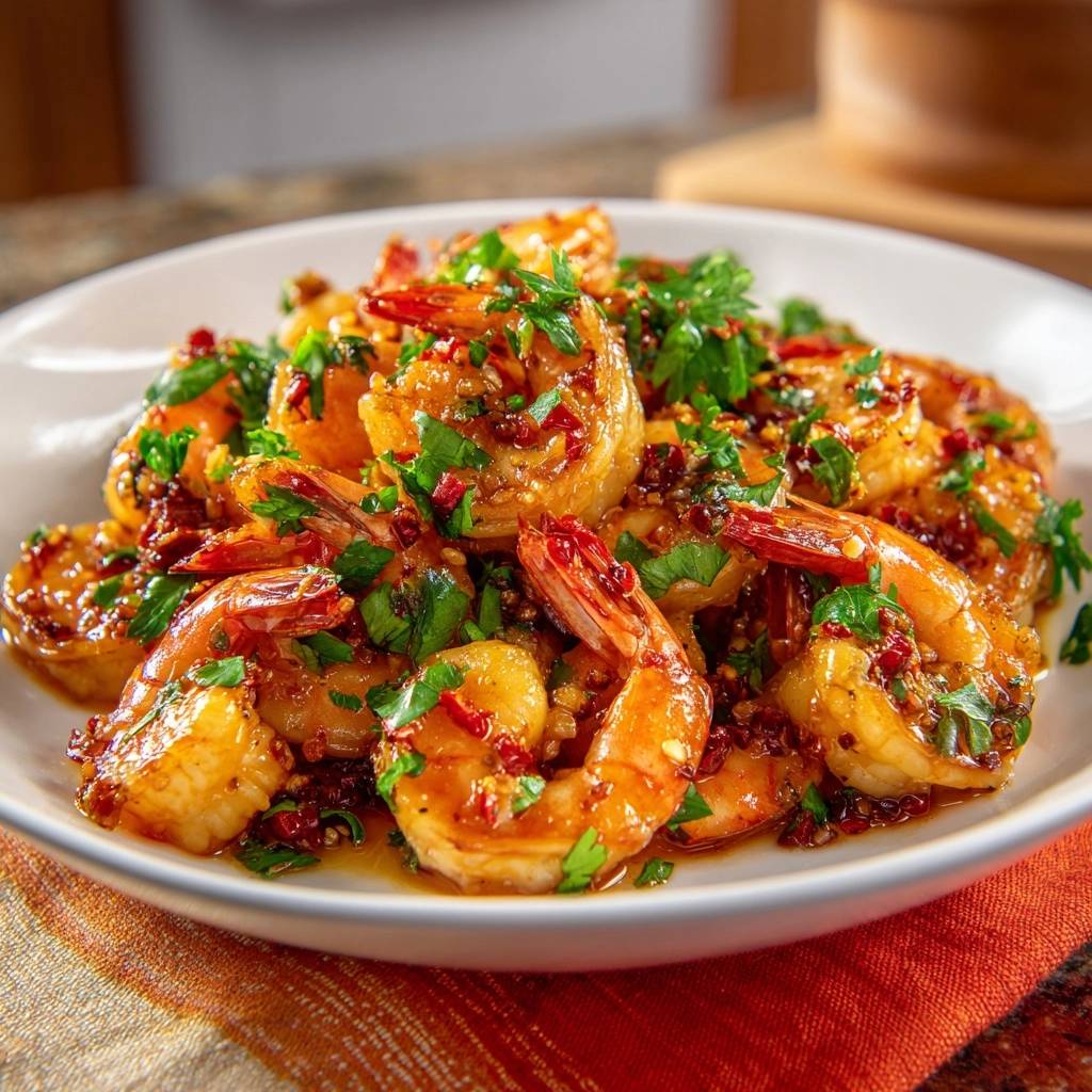 Saftige Knoblauch-Chili-Garnelen, nah aufgenommen und mit frischer Petersilie und Chiliflocken garniert.