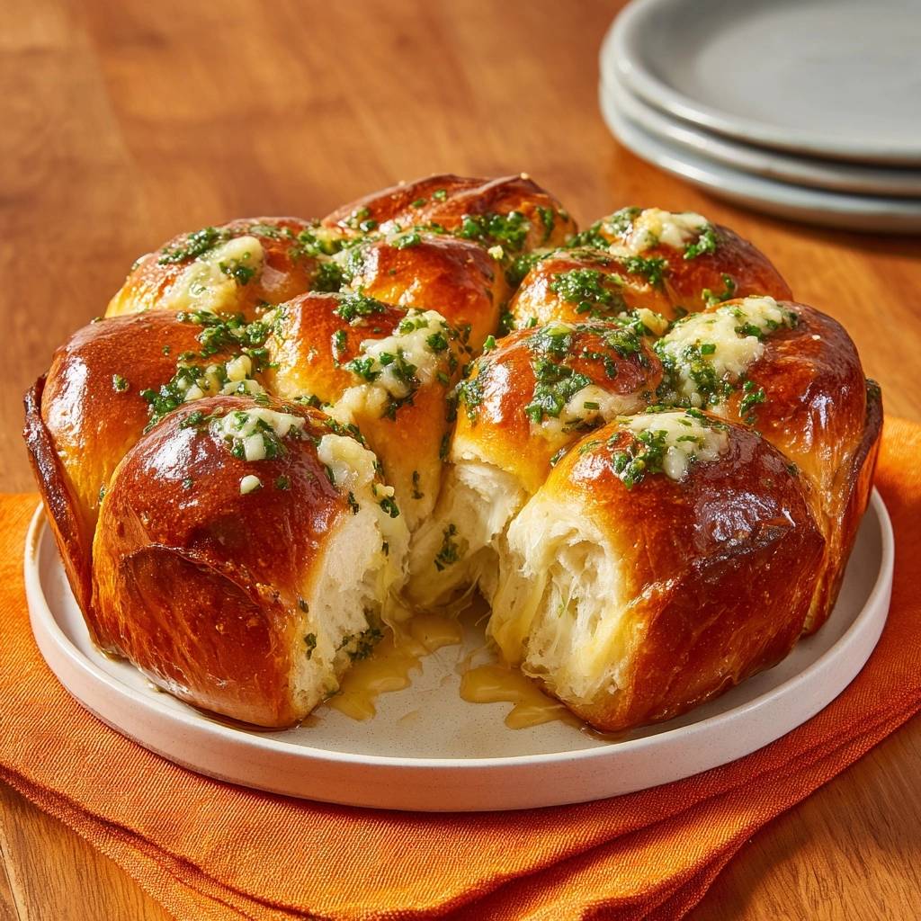 Knoblauch-Petersilie-Pull-Apart-Brötchenring angeschnitten, zeigt das weiche Innere und die knoblauchige Butter.