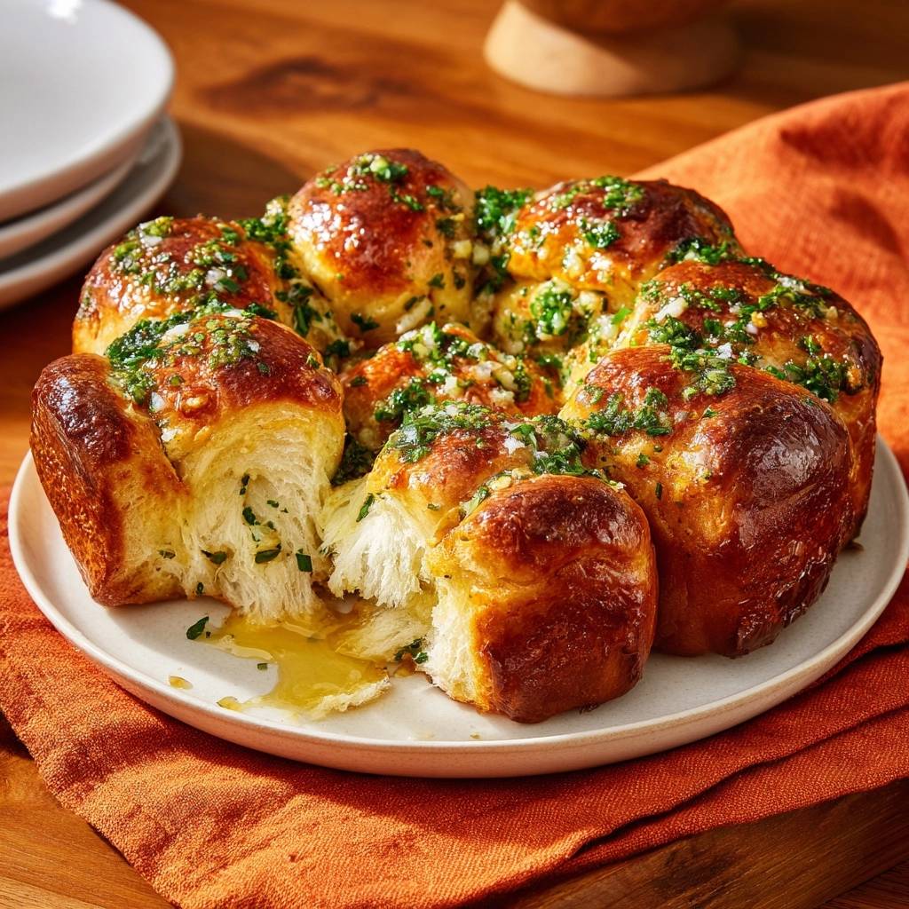 Knoblauch-Petersilie-Pull-Apart-Brötchenring angeschnitten, zeigt das weiche Innere und die goldbraune Kruste mit Kräutern.