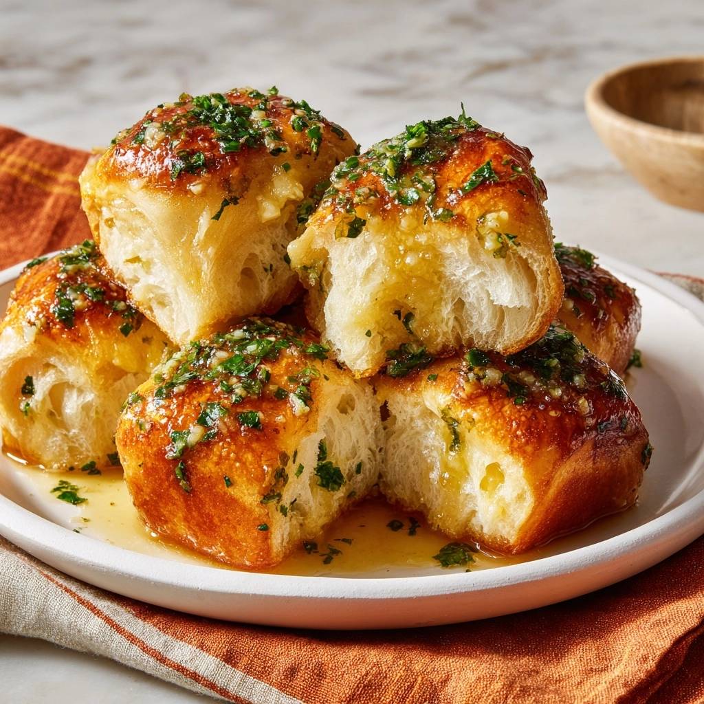 Knoblauchbutter-Pull-Apart-Brötchen, angeschnitten und mit Kräutern bestreut, zeigen das weiche Innere.