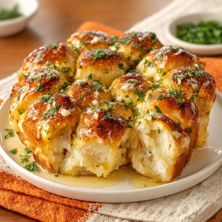 Knoblauchbutter-Pull-Apart-Brötchen, angeschnitten und mit zerlaufener Butter und Petersilie garniert, zeigen ihre fluffige Innenseite.