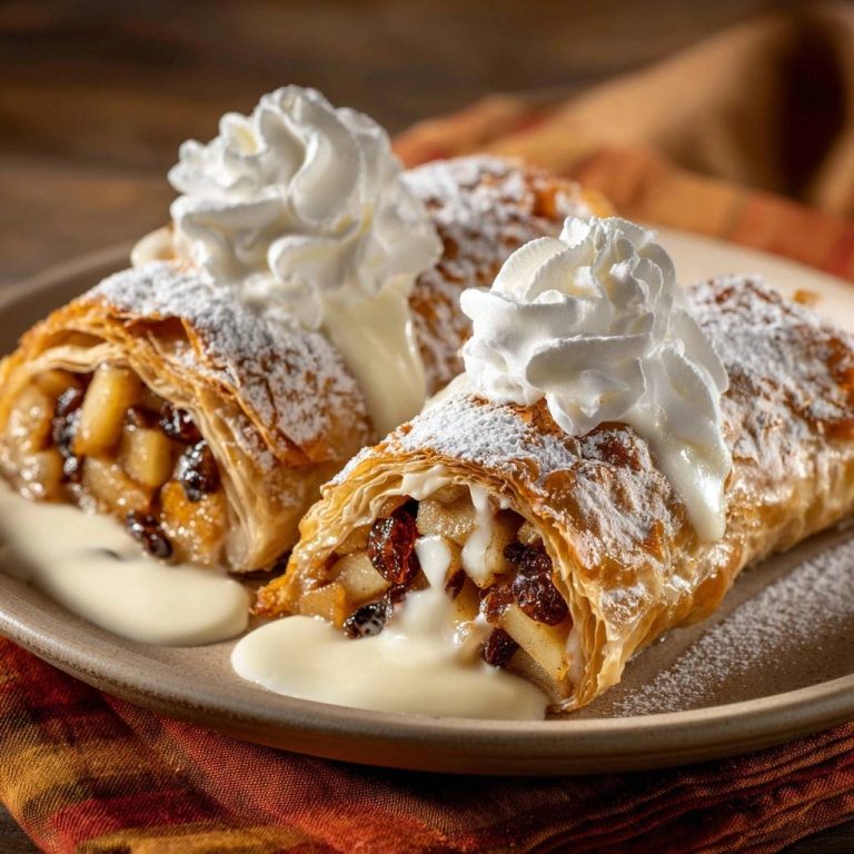 Knusprige Apfelstrudel-Rollen mit Sahne und Puderzucker, von der Seite angeschnitten, die Füllung ist gut sichtbar