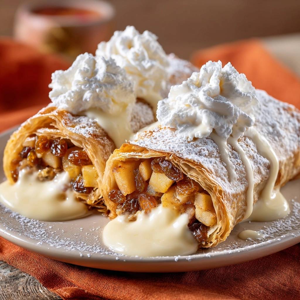 Knusprige Apfelstrudel-Rollen mit einer perfekten Füllung, serviert mit Schlagsahne und Vanillesauce auf einem Teller.