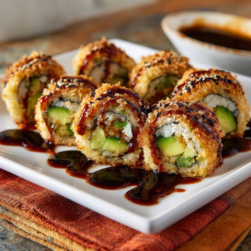 Knusprige Avocado-Sushi-Rollen auf einem Teller mit Sojasauce und einem detaillierten Blick auf die panierten Rollen und das Innere.
