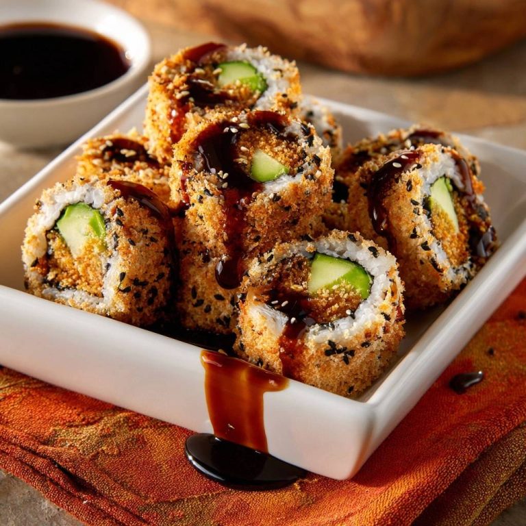 Knusprige Avocado-Sushi-Rollen mit einer glänzenden Glasur, detailreich in einer weißen Schale serviert.