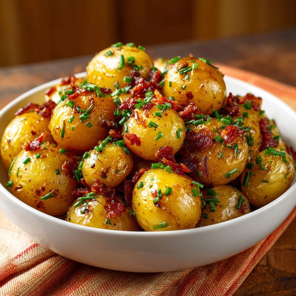 Knusprige Babykartoffeln mit Räuchertofu und Schnittlauch, garniert mit frischem Schnittlauch und knusprigen Speckwürfeln in einer weißen Schüssel.