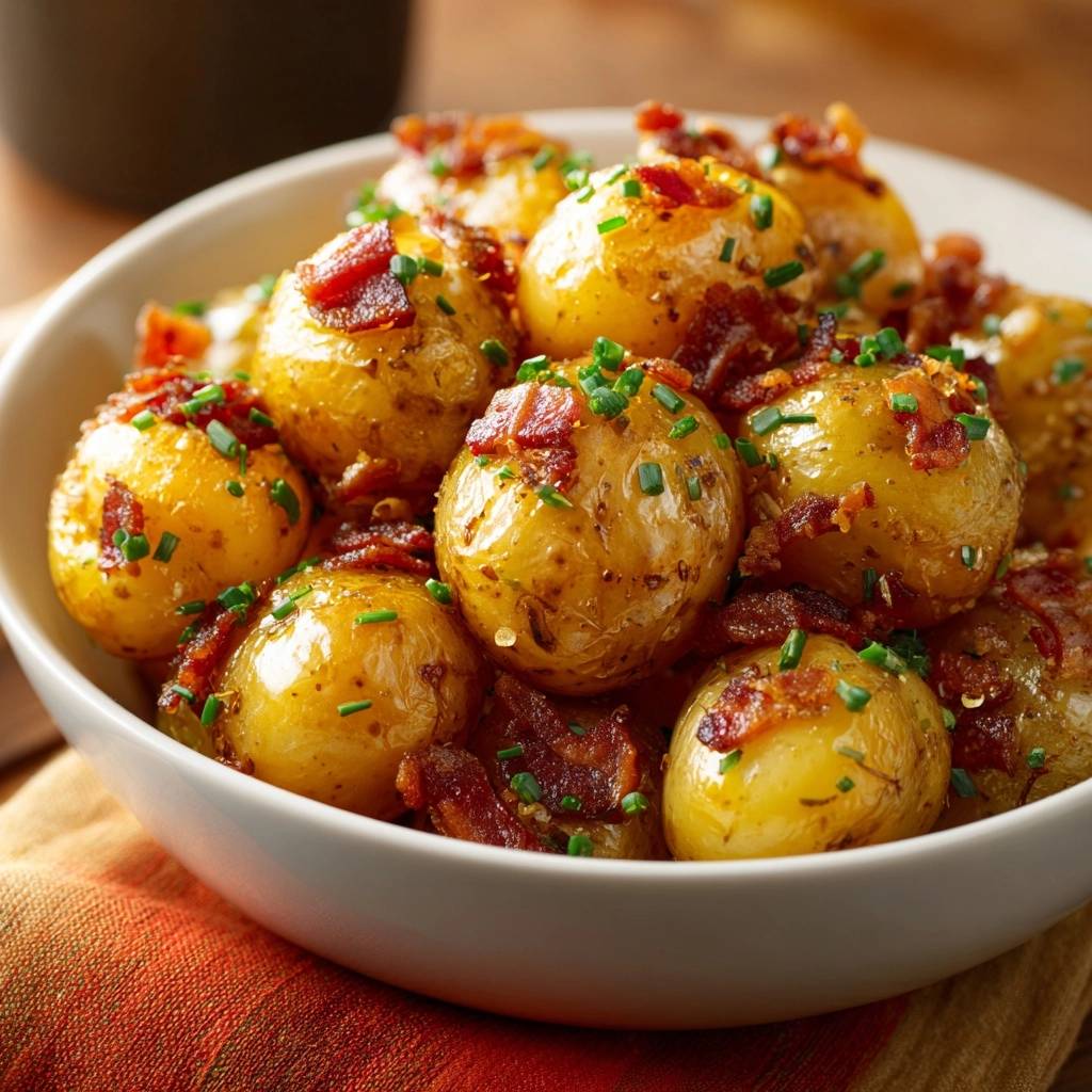 Knusprige Babykartoffeln mit Räuchertofu und Schnittlauch, garniert mit gebratenem Speck und frischem Schnittlauch in einer weißen Schüssel.