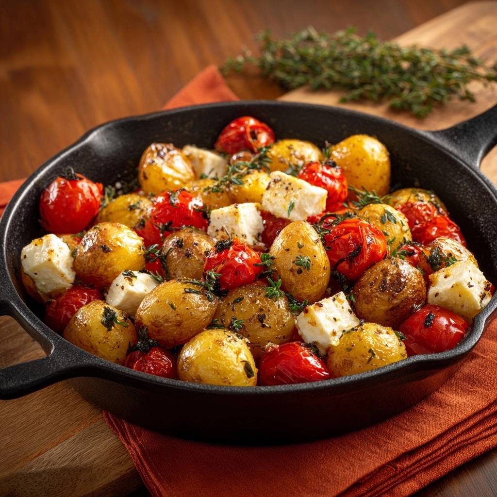 Knusprige Babykartoffeln mit Tomaten und Feta, serviert in einer gusseisernen Pfanne mit frischem Thymian garniert.