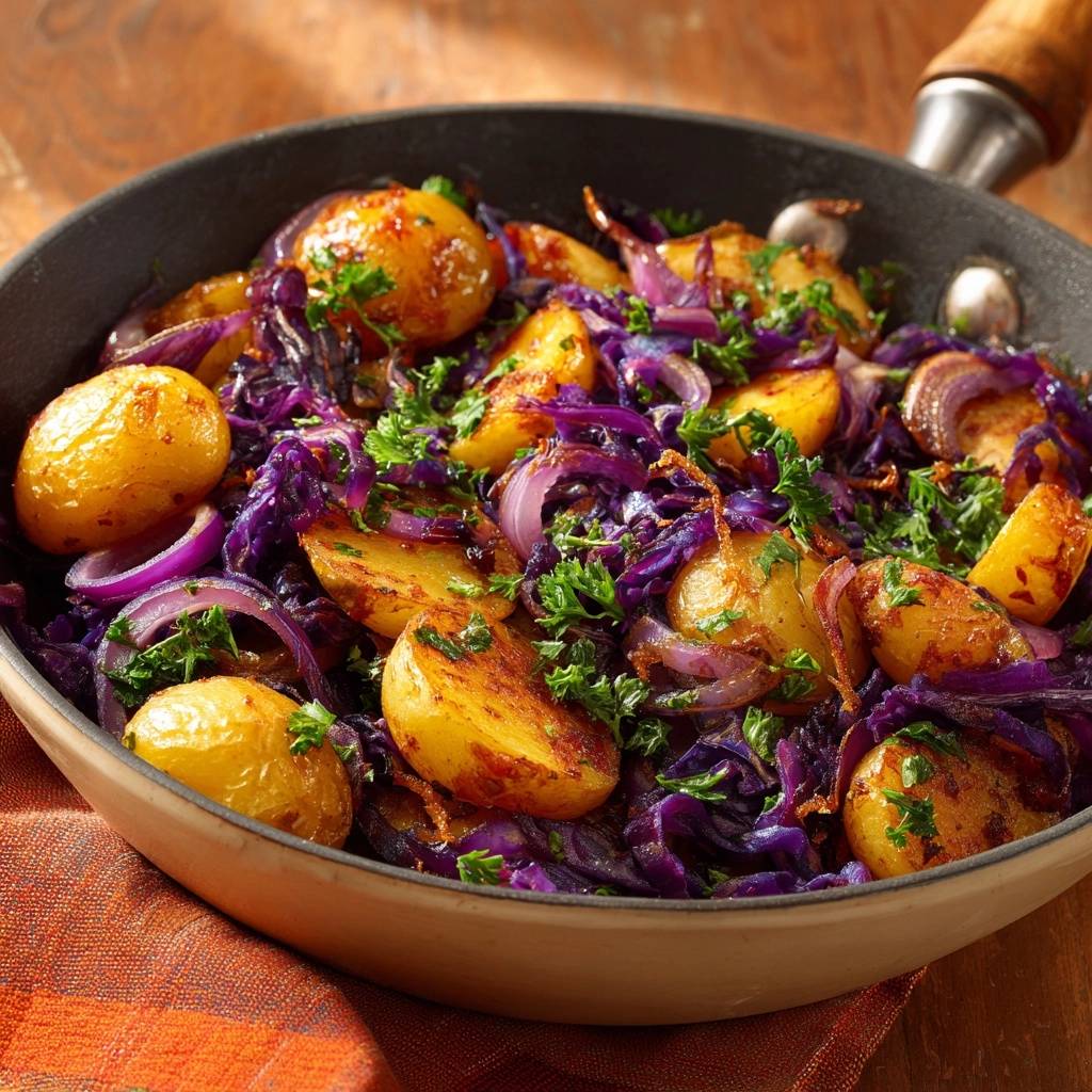 Knusprige Babykartoffeln mit Rotkohl aus der Pfanne, garniert mit frischer Petersilie