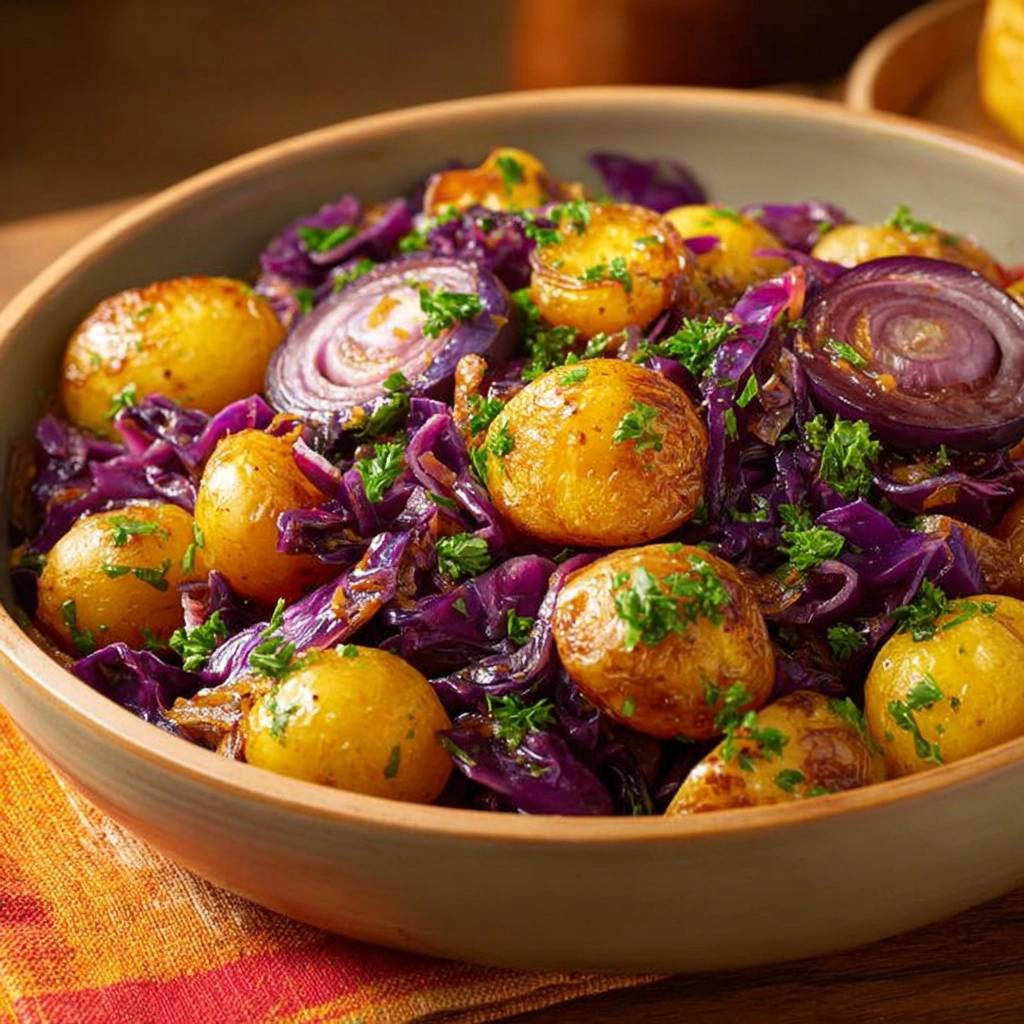Knusprige Babykartoffeln mit Rotkohl in einer Schüssel, garniert mit frischer Petersilie und roten Zwiebeln.