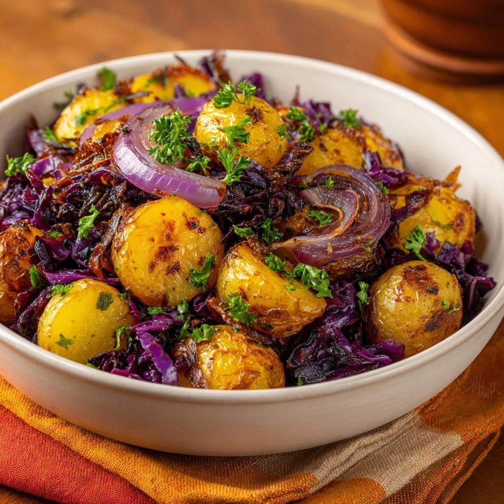Knusprige Babykartoffeln mit Rotkohl und Zwiebeln als Nahaufnahme in einer weißen Schüssel, garniert mit Petersilie.
