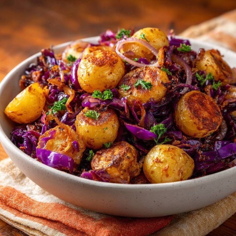 Knusprige Babykartoffeln mit Rotkohl und Zwiebeln als Nahaufnahme in einer Schüssel, garniert mit Petersilie.