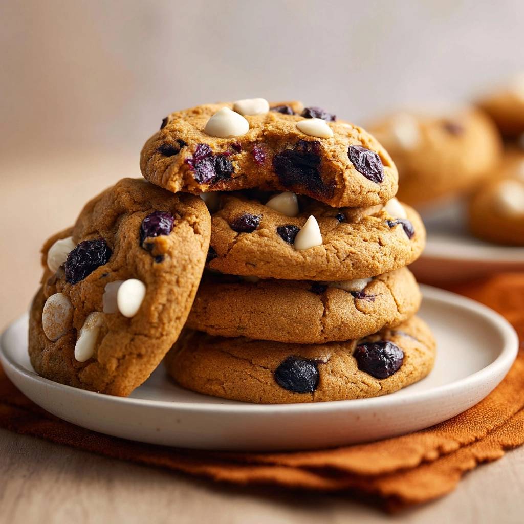 Knusprige Blaubeer-Weißschokolade-Cookies, die gestapelt sind und ein angeschnittenes Cookie zeigen, das den saftigen Kern enthüllt.