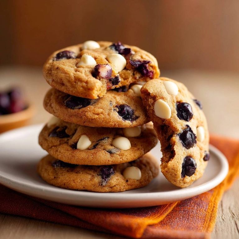 Knusprige Blaubeer-Weißschokolade-Cookies Rezept als Stapel nahaufnahme mit einem angeschnittenen Cookie.
