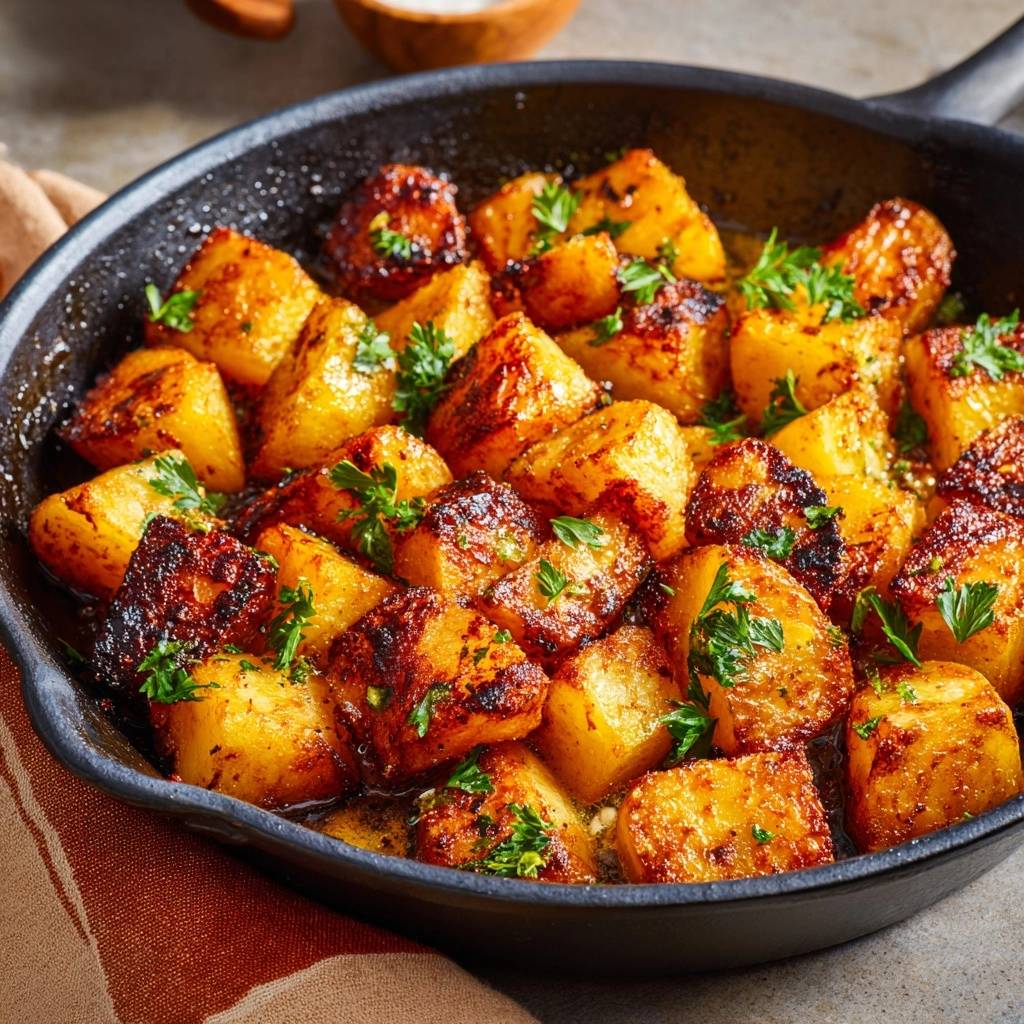 Knusprige Bratkartoffeln in einer gusseisernen Pfanne, frisch zubereitet und mit Petersilie garniert, zeigen ihre goldbraune Textur.