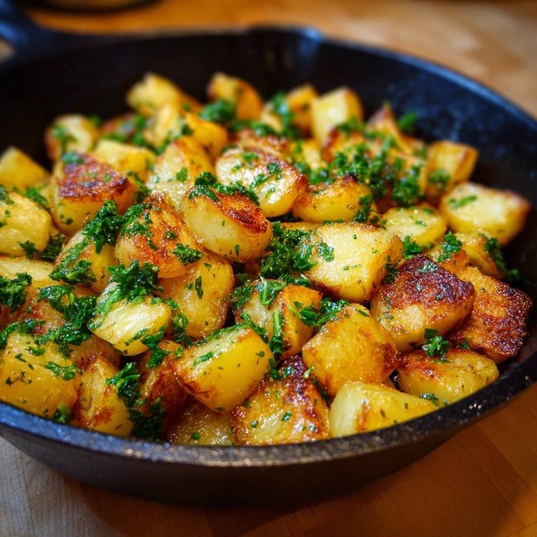 Knusprige Bratkartoffeln mit Petersilie, detailreiche Nahaufnahme der frischen Garnitur auf den goldbraunen Kartoffeln.