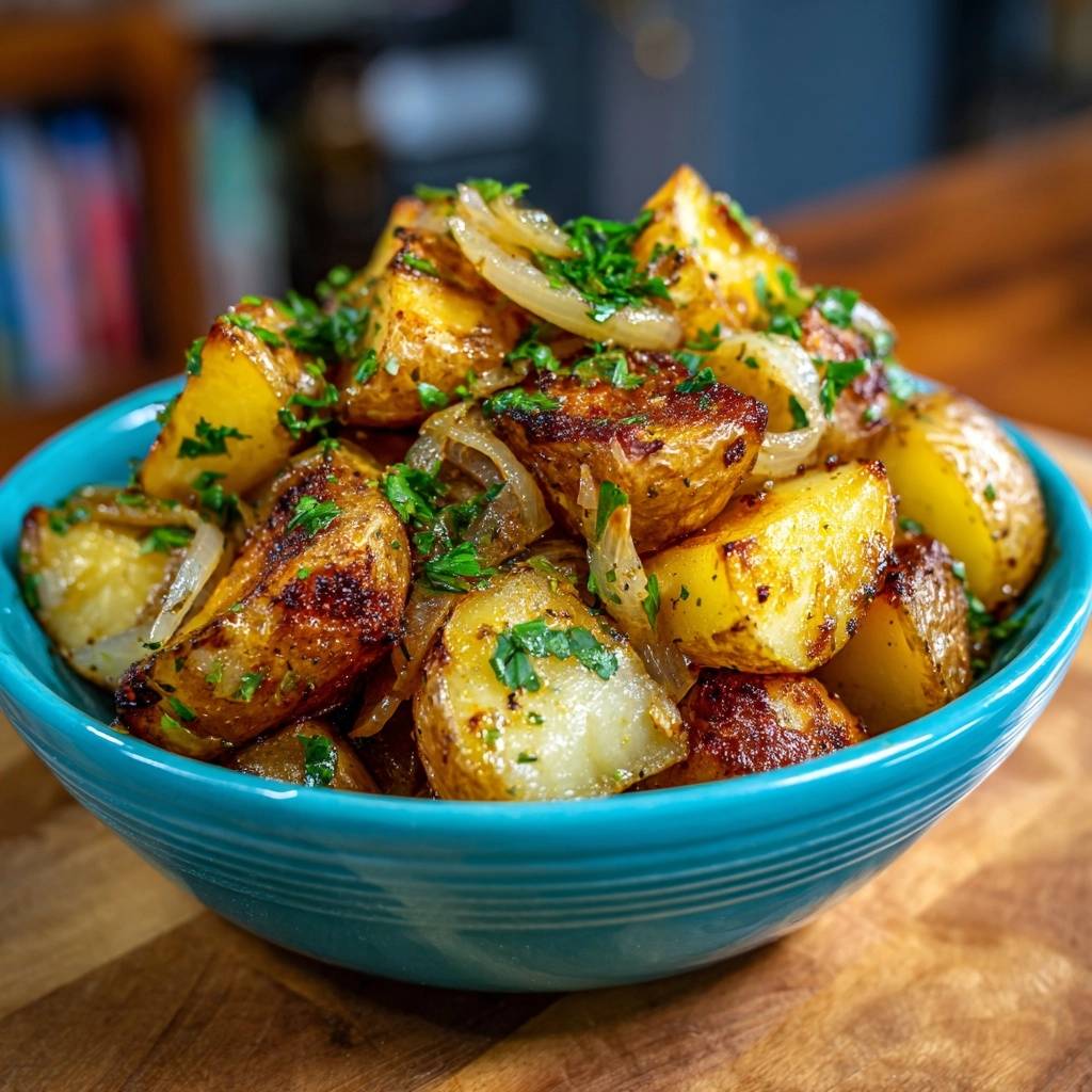 Knusprige Bratkartoffeln mit Zwiebeln in einer blauen Schüssel, garniert mit Petersilie, aus der Nähe fotografiert.