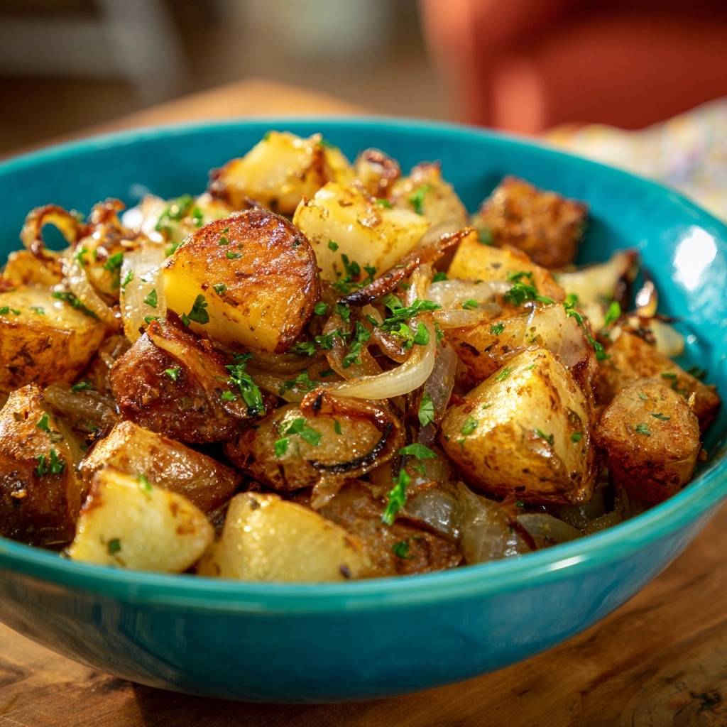 Knusprige Bratkartoffeln mit Zwiebeln in einer blauen Schüssel, nahaufnahme der goldbraunen Kartoffelstücke und Zwiebelringe.