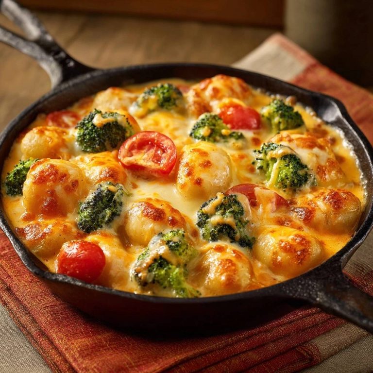 Knusprige Gnocchi-Pfanne mit Brokkoli und Tomaten, detailreiche Nahaufnahme mit schmelzendem Käse und goldbraunen Gnocchi.
