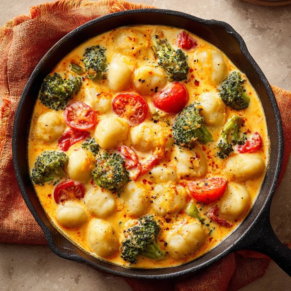 Knusprige Gnocchi-Pfanne mit Brokkoli und Tomaten, serviert in einer Gusseisenpfanne aus der Vogelperspektive.