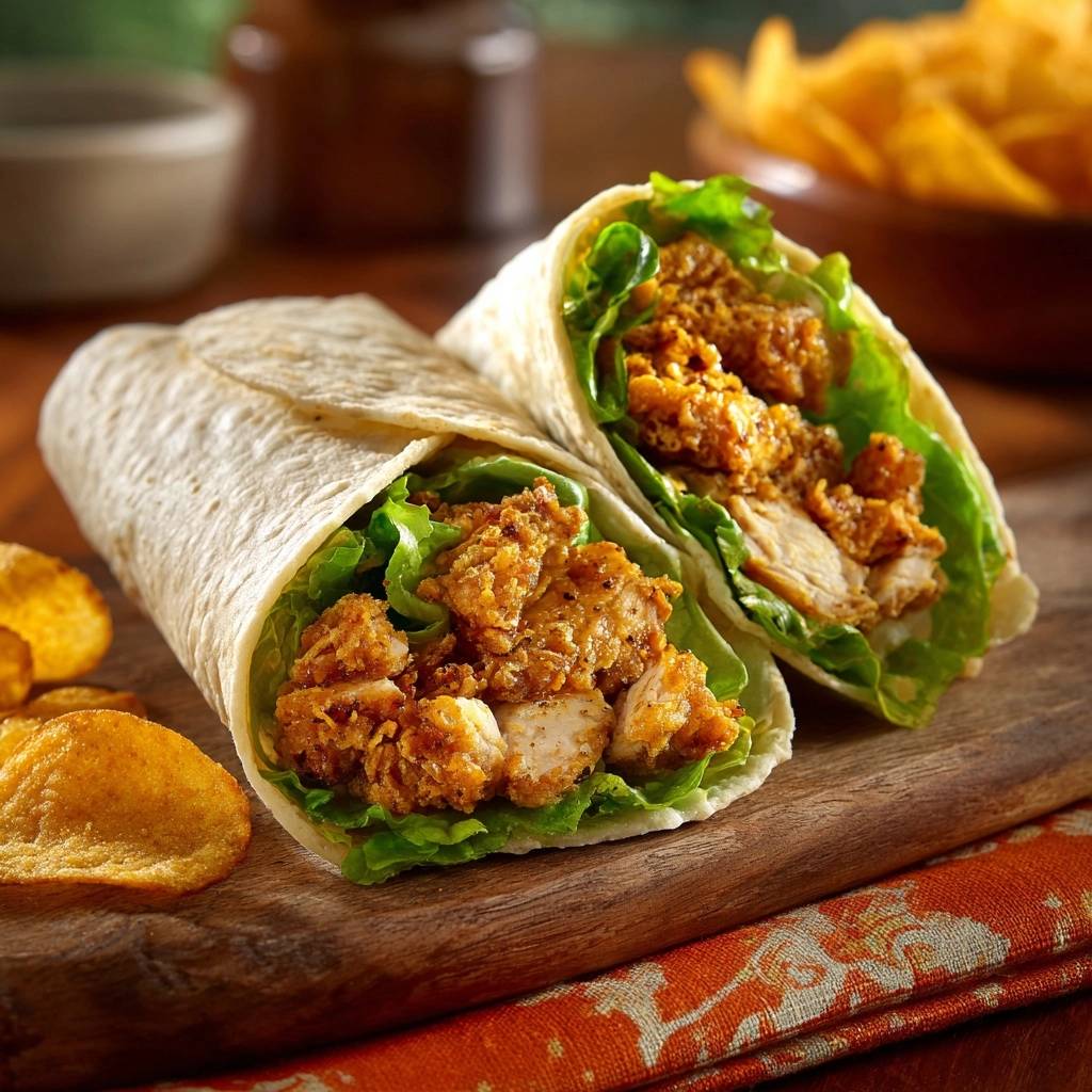 Knusprige Hähnchen-Wraps im Anschnitt mit frischem Salat und gebratenem Hähnchenfleisch auf einem Holzbrett