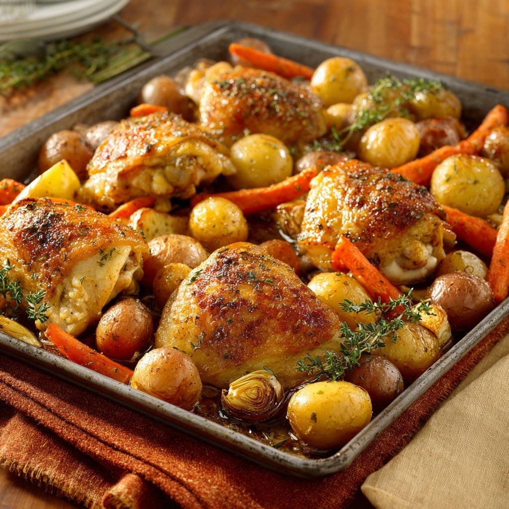 Knusprige Hähnchenschenkel mit Ofengemüse aus dem Backblech, mit Karotten und Kartoffeln, Nahaufnahme
