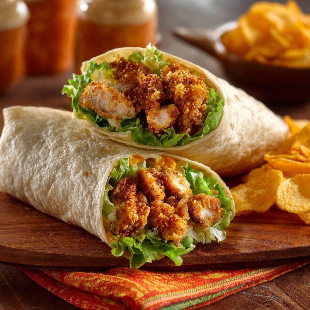 Knusprige Hähnchen-Wraps im Anschnitt mit knackigem Salat und Sauce auf einem Holzteller mit Kartoffelchips daneben.