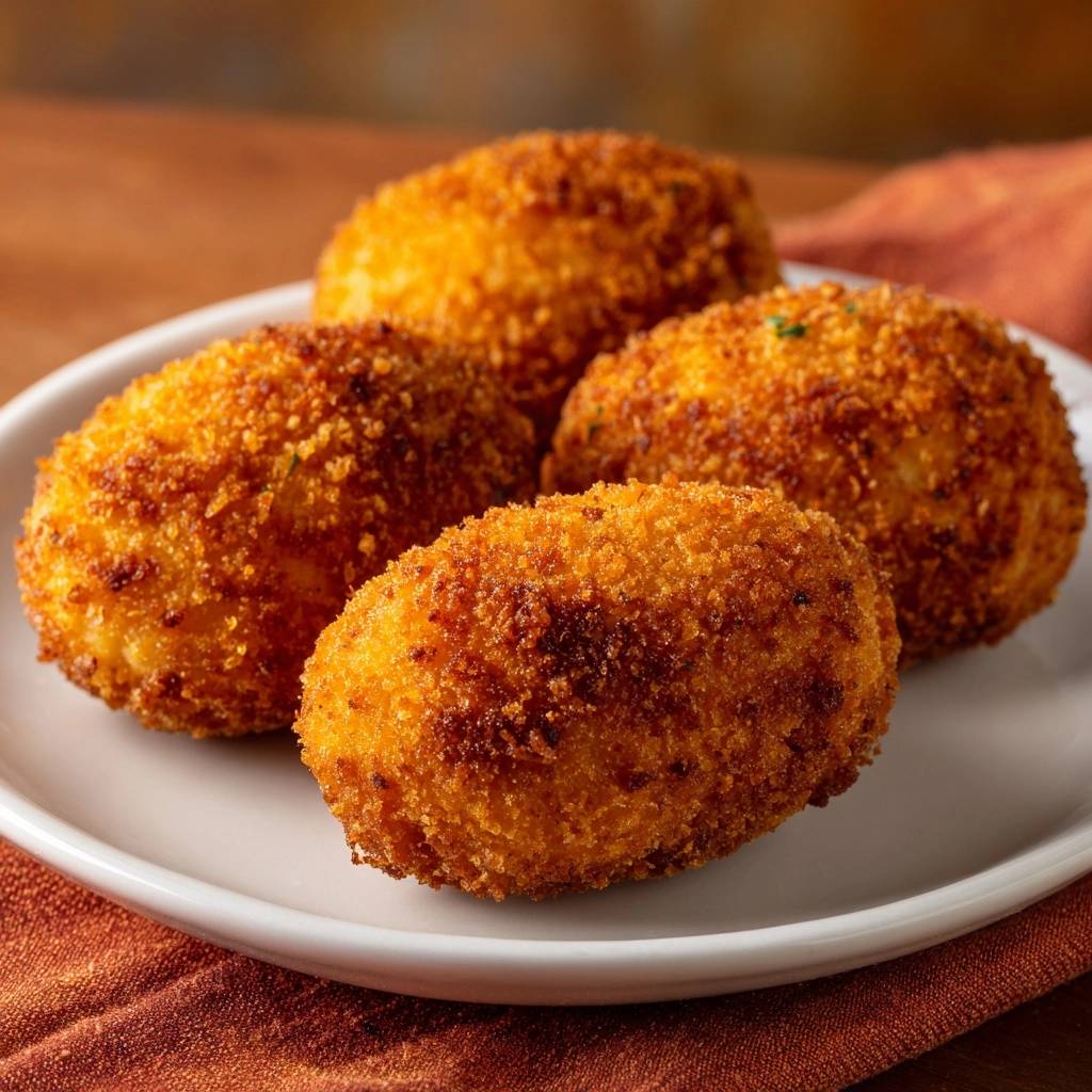 Knusprige Kartoffelkroketten auf einem weißen Teller, die goldbraune, knusprige Textur ist in dieser Nahaufnahme deutlich sichtbar.