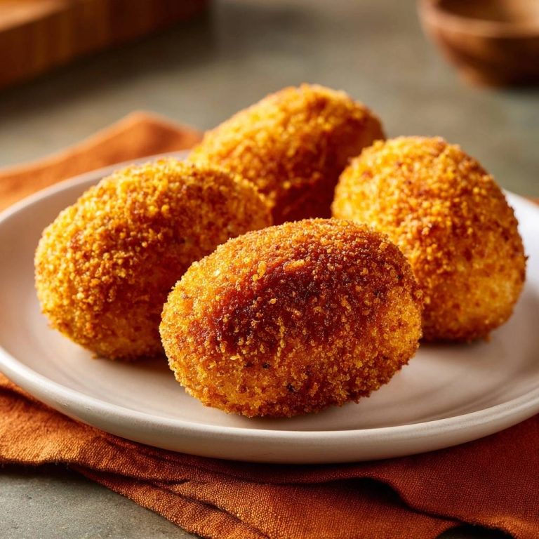 Knusprige Kartoffelkroketten auf einem Teller von vorne nah aufgenommen, mit Fokus auf die goldbraune Panade.