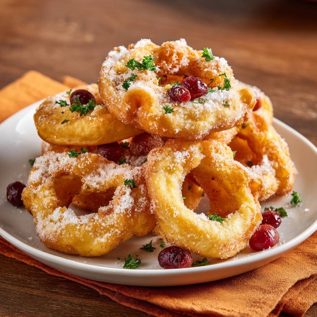 Knusprige Kartoffelringe mit Preiselbeeren, garniert mit Puderzucker und Petersilie auf einem Teller