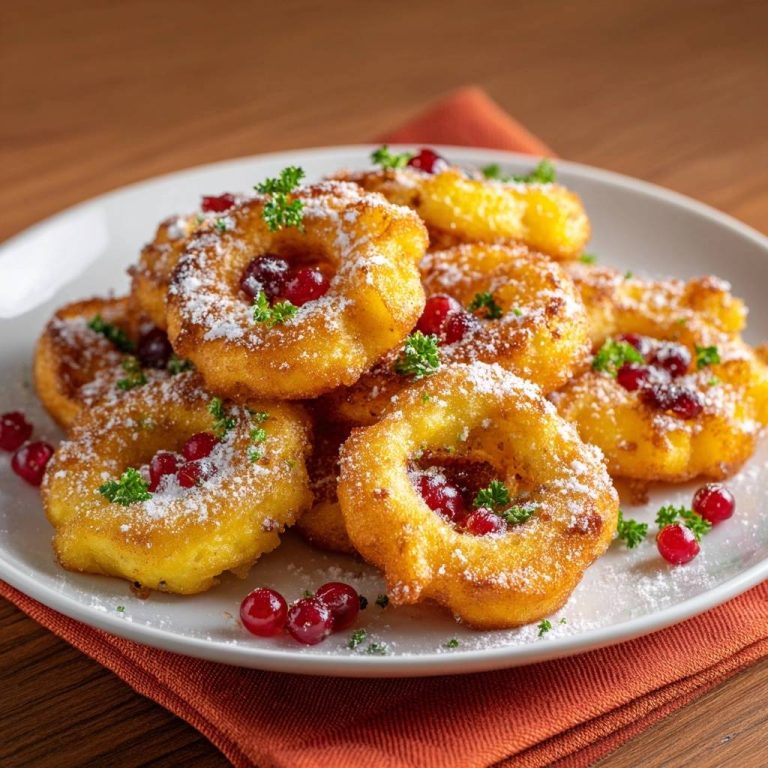 Knusprige Kartoffelringe mit Preiselbeeren, garniert mit Puderzucker und Petersilie auf einem Teller