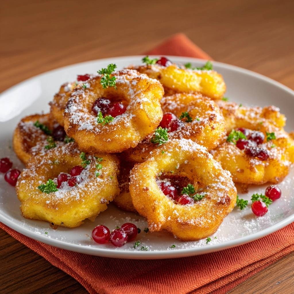 Knusprige Kartoffelringe mit Preiselbeeren, garniert mit Puderzucker und Petersilie auf einem Teller