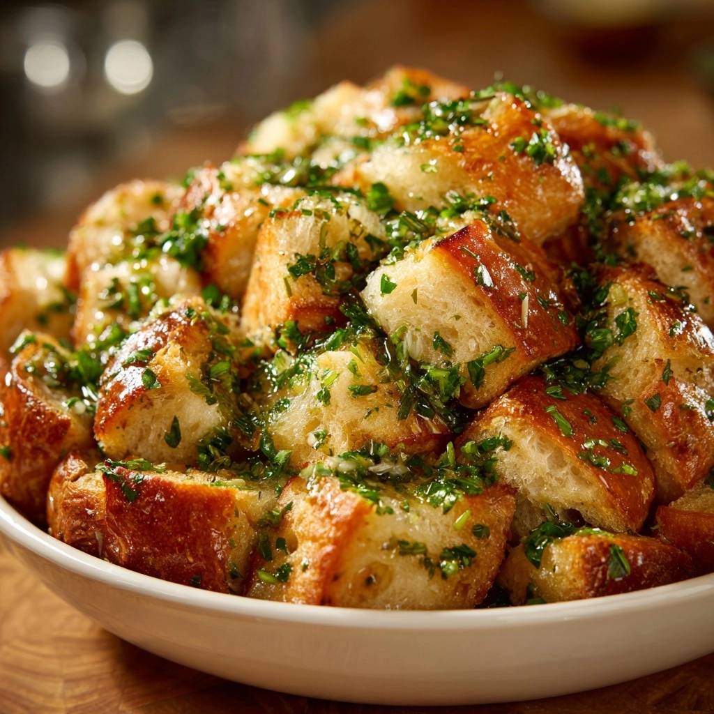 Knusprige Knoblauch-Parmesan-Brotwürfel, nahaufnahme mit frischer Petersilie und geschmolzenem Käse garniert.
