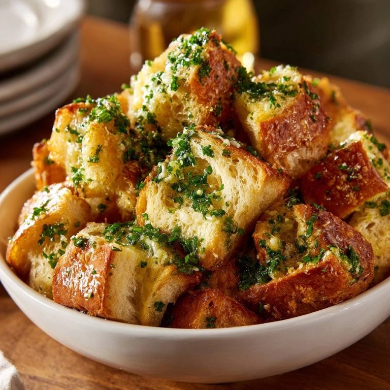 Knusprige Knoblauch-Parmesan-Brotwürfel aus einem weißen Teller, detaillierte Ansicht mit frischer Petersilie garniert.