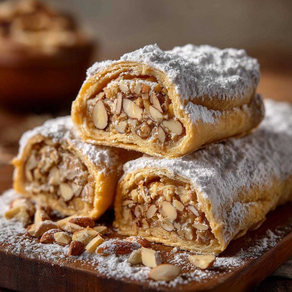 Knusprige Mandeltaschen im Anschnitt mit Puderzucker bestäubt und Mandelsplittern auf einem Holzbrett.
