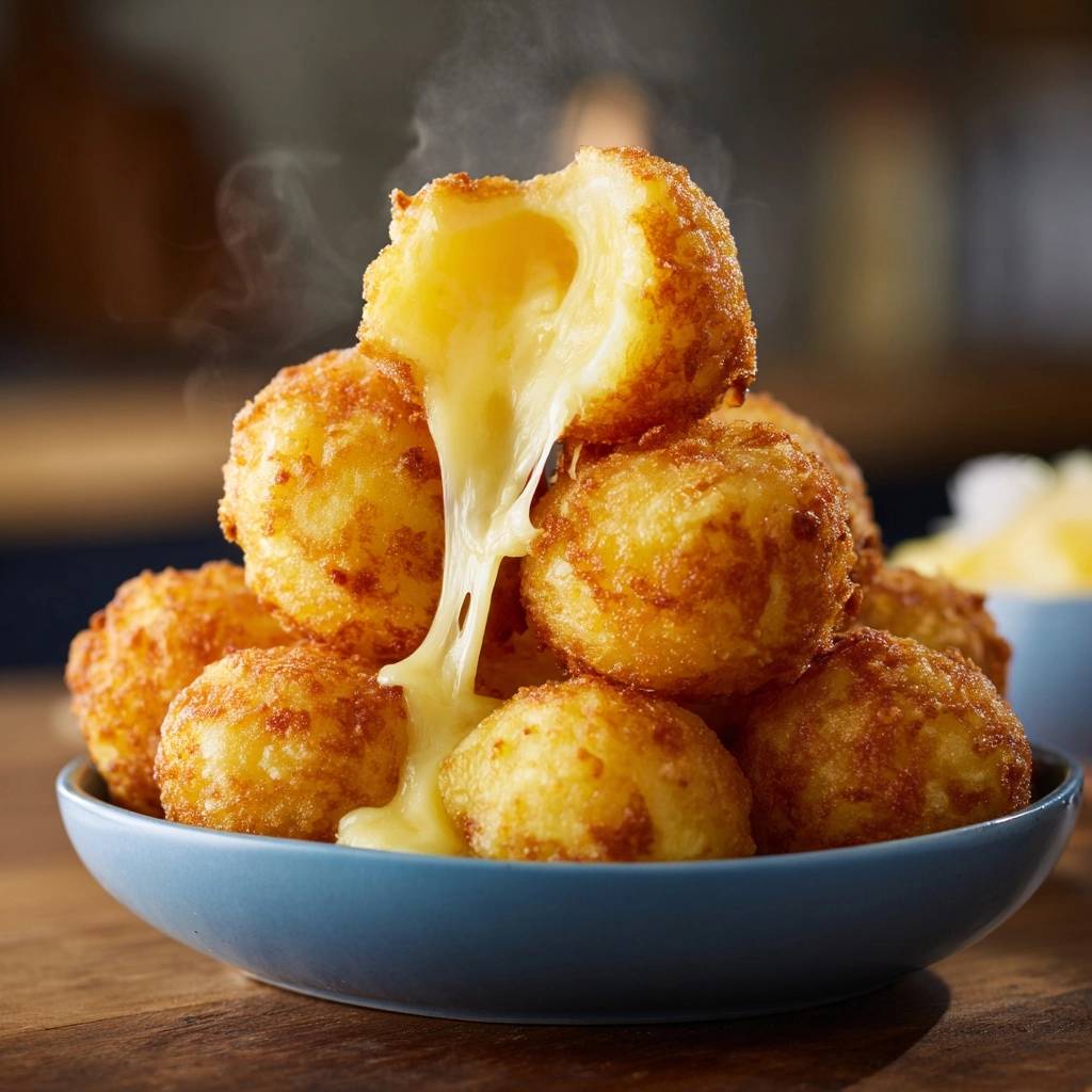Knusprige Mozzarella-Bällchen mit geschmolzenem, zähflüssigem Käse im Anschnitt, heiß und dampfend serviert.
