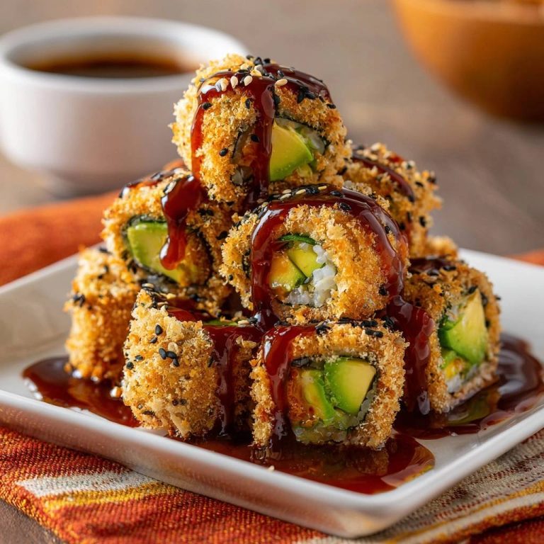 Knusprige Panko-Avocado-Rolls, serviert auf einem Teller und mit dunkler Sauce übergossen, mit Sesam bestreut.