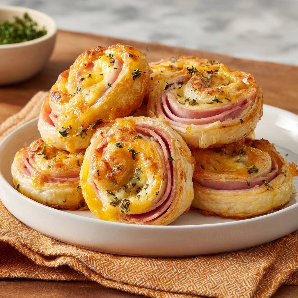 Knusprige Pute-Käse-Thymian-Schnecken als Nahaufnahme, goldbraun gebacken und mit frischem Thymian garniert auf einem Teller.