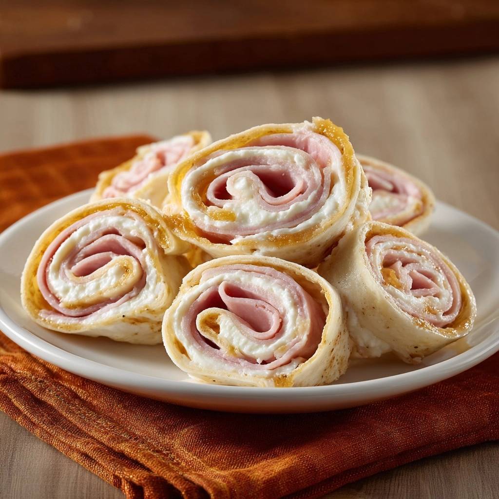 Knusprige Puten-Käse-Rollen zeigen im Nahaufnahme-Querschnitt die Schichten aus Pute, Frischkäse und Tortilla.