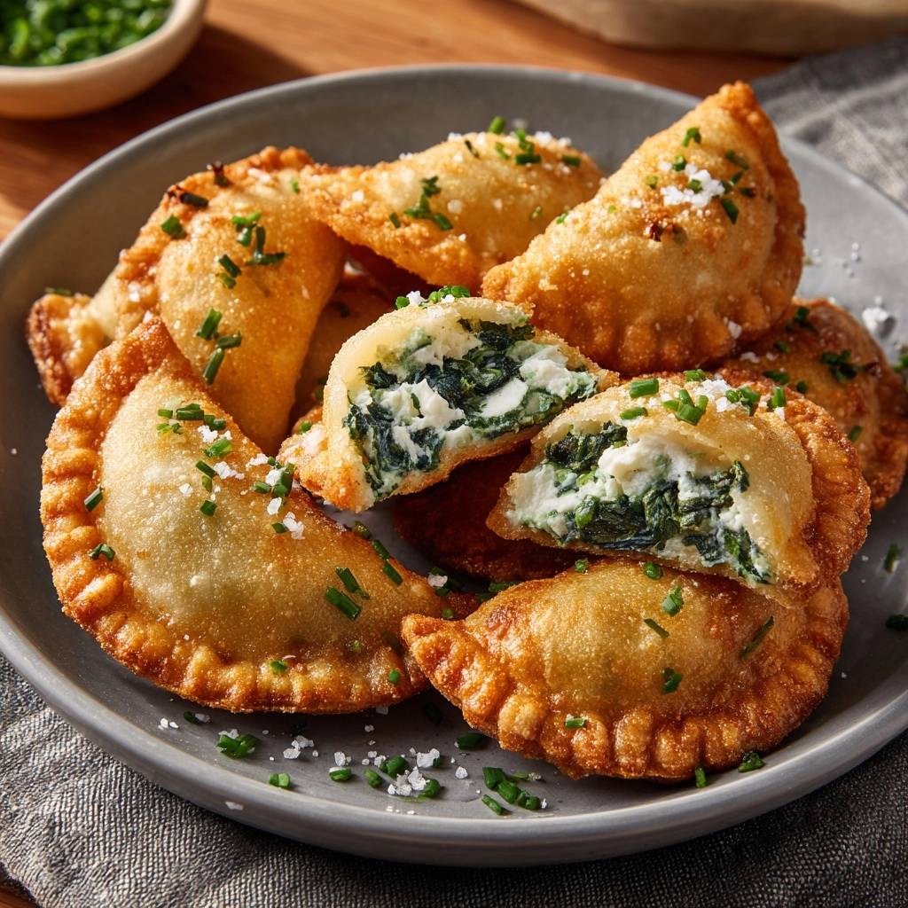 Knusprige Spinat-Feta-Empanadas angeschnitten, die die cremige Füllung aus Spinat und Feta offenbaren.