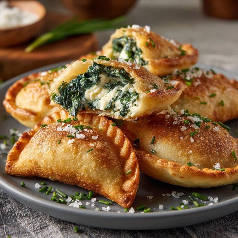 Knusprige Spinat-Feta-Empanadas, angeschnitten, mit cremig-spinatiger Füllung, bestreut mit Salz und Schnittlauch.