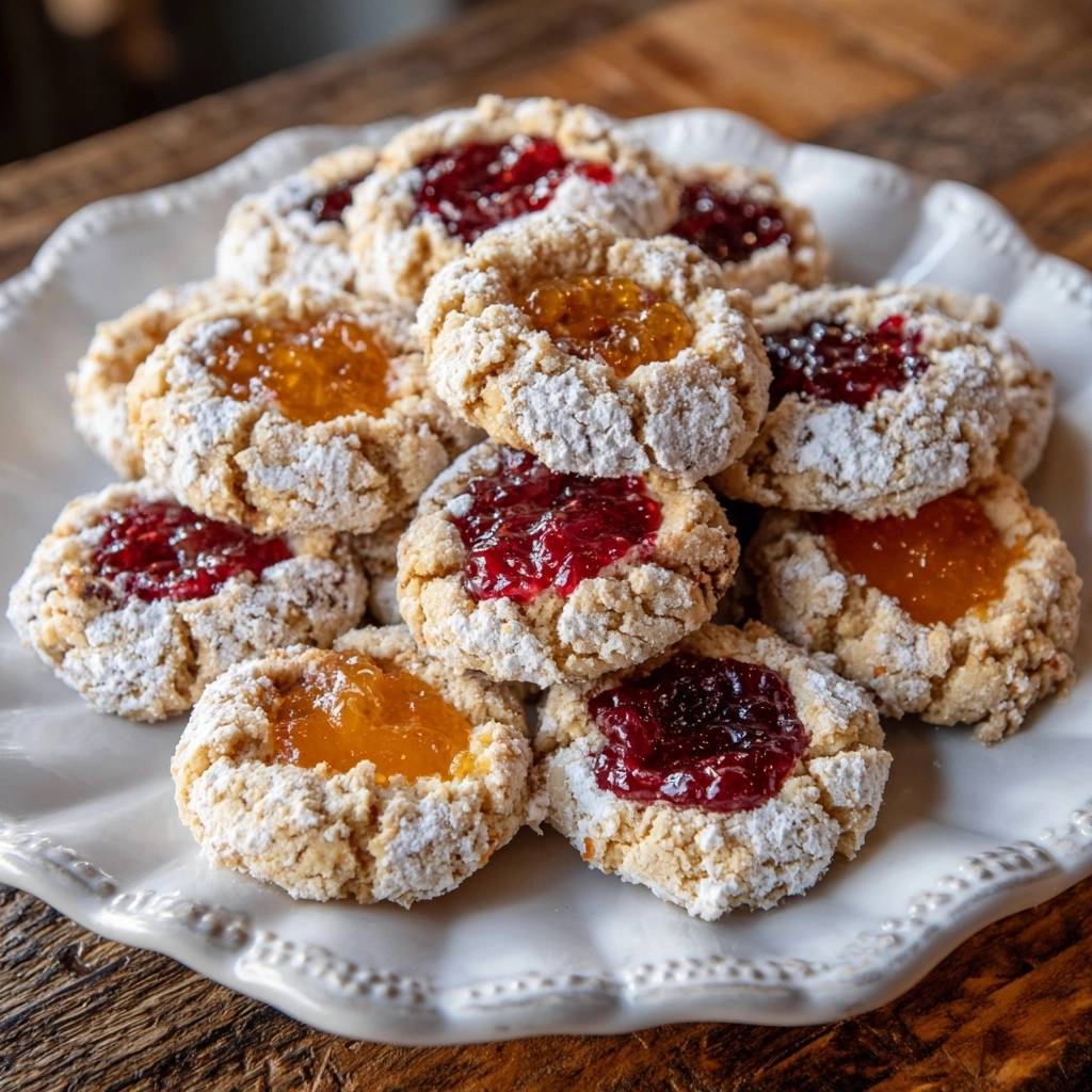 Knusprige Spitzbuben mit Himbeer- und Aprikosenmarmelade, Nahaufnahme der süßen Marmeladenfüllung in den gebackenen Keksen.
