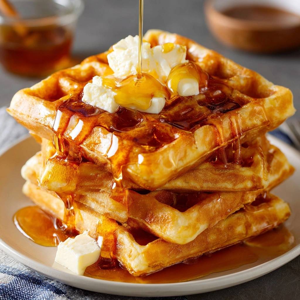 Knusprige Waffeln mit Butter und Sirup, gestapelt auf einem Teller, mit Honig, der darüber fließt.