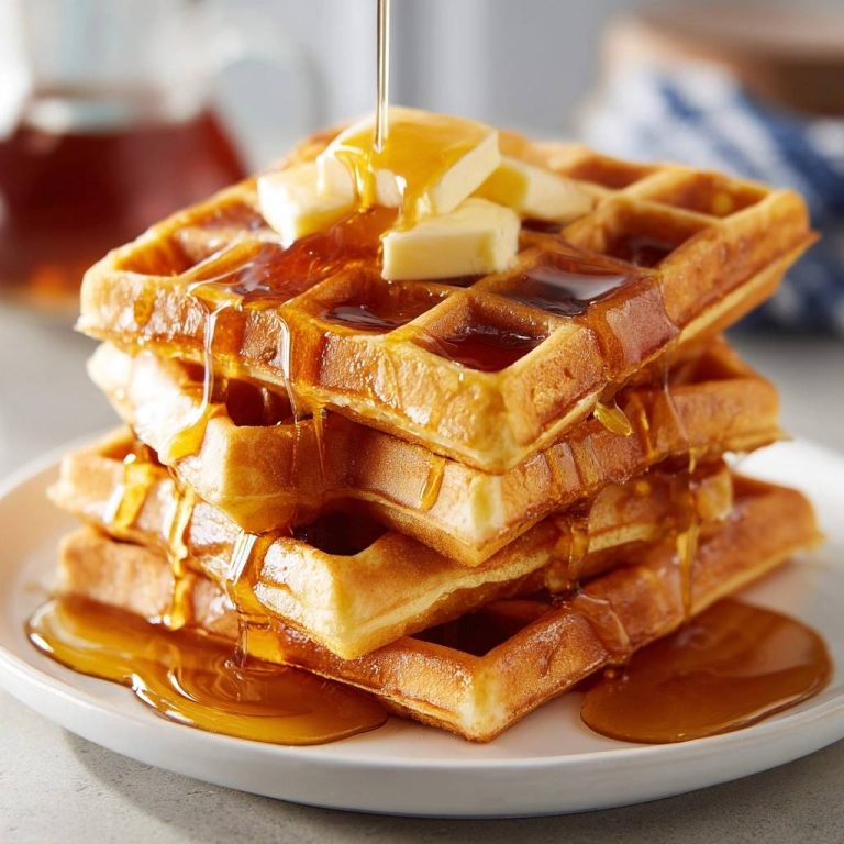 Knusprige Waffeln mit Butter und Sirup, wobei goldbrauner Sirup über einen Stapel Waffeln gegossen wird.